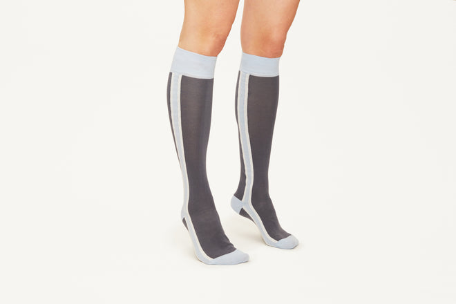 ELLA - Navy & White Double Side Stripes Cotton Knee Socks