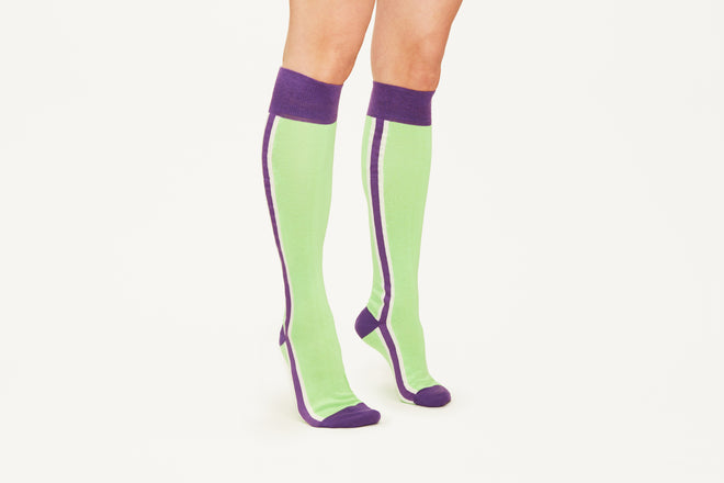 ELLA - Neon Green/Purple Double Side Stripes Cotton Knee Socks