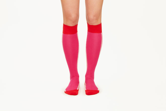 ELLA - Pink/Red Double Side Stripes Cotton Blend Knee Socks