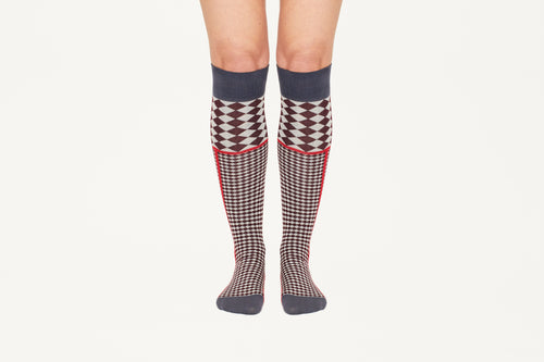 MEGAN - Cotton Blend Diamond Motif Knee Socks in Grey & Red