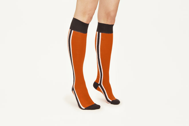 ELLA - Orange & Brown Double Side Stripes Cotton Knee Socks