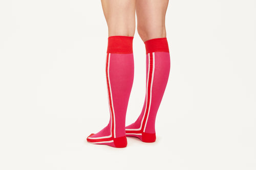 ELLA - Pink/Red Double Side Stripes Cotton Blend Knee Socks