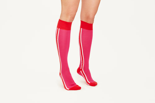 ELLA - Pink/Red Double Side Stripes Cotton Blend Knee Socks