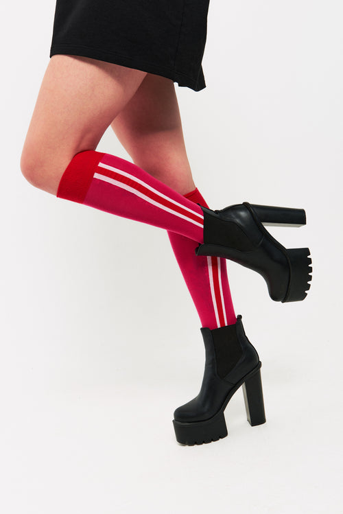 ELLA - Pink/Red Double Side Stripes Cotton Blend Knee Socks